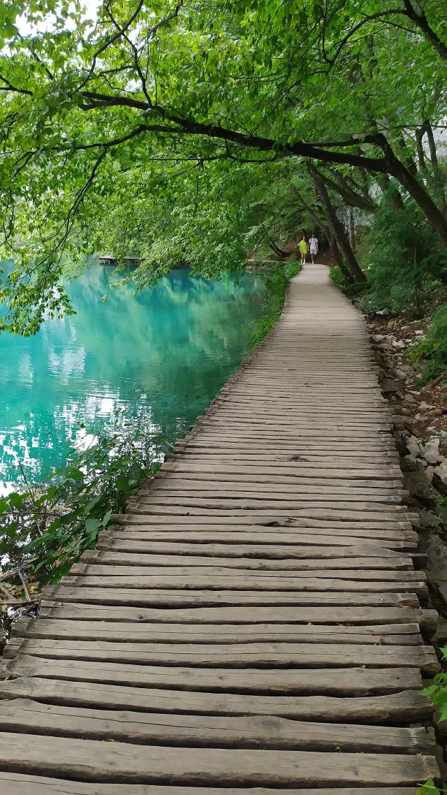 Houten vlonderpad langs het turquoise water tussen de Plitvicemeren