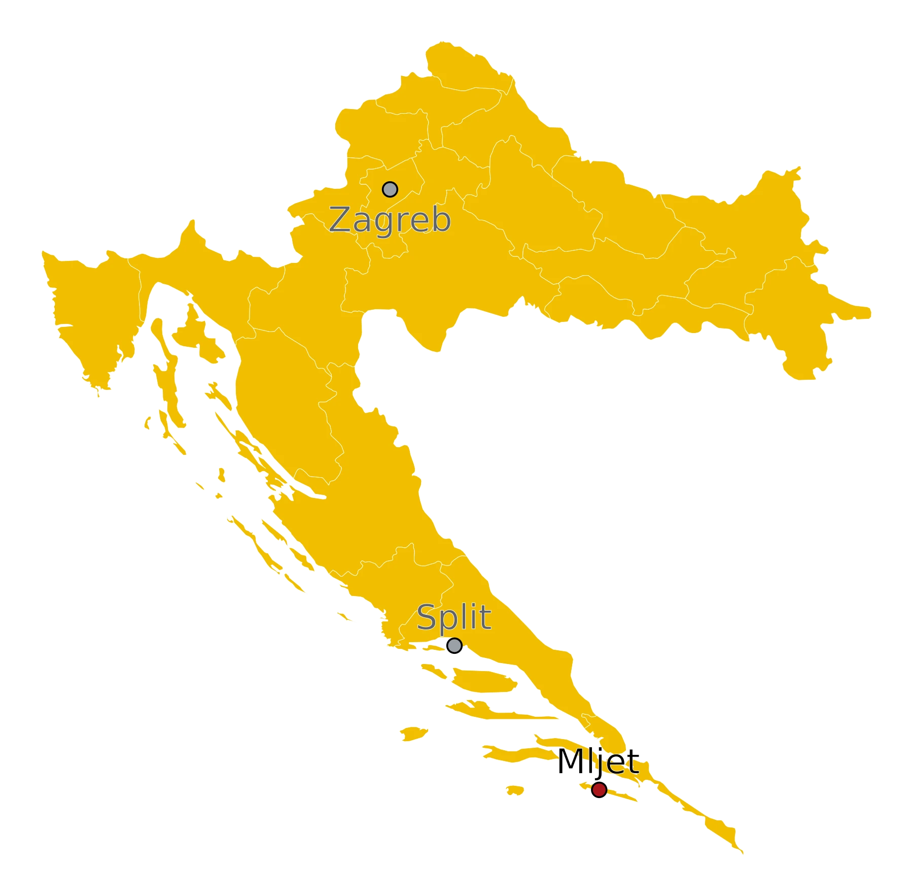 Kaart Mljet Kroatië - waar ligt Mljet